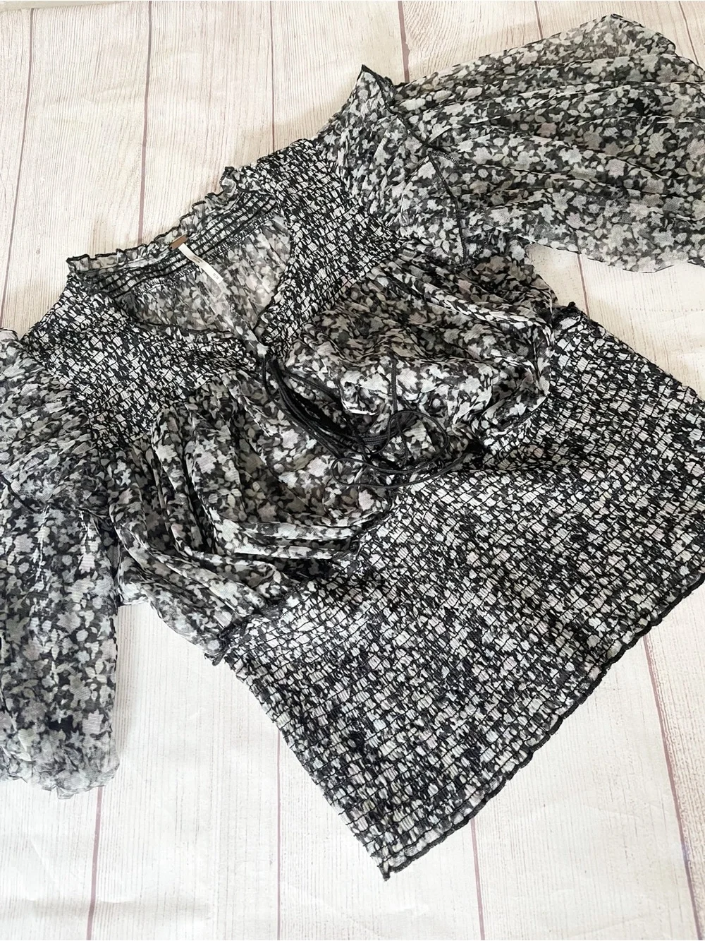 Free People “Beatrice” flouncy black/white boho top